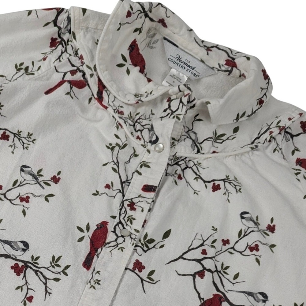 Vermont Country Store Flannel Nightgown XS White Red Cardinal Bird Print Cotton
